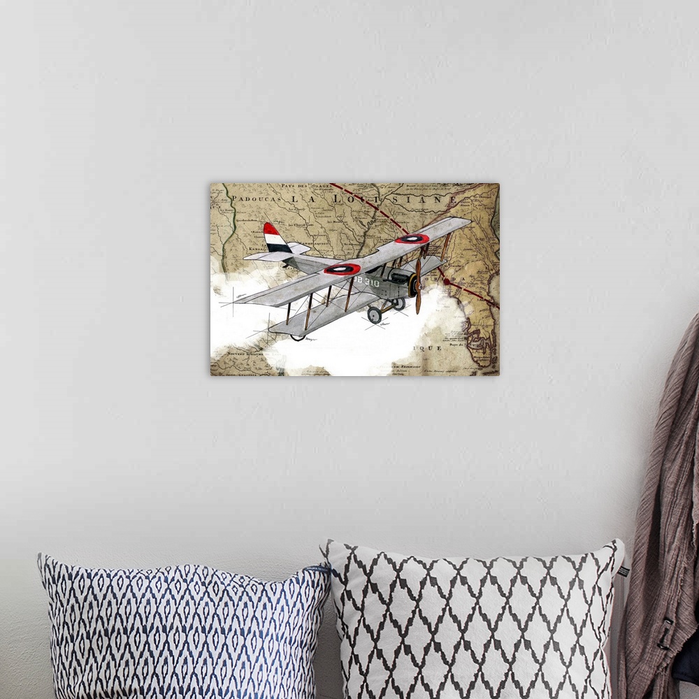 A bohemian room featuring Illustration of a gray biplane in flight with clouds and a map in the background.