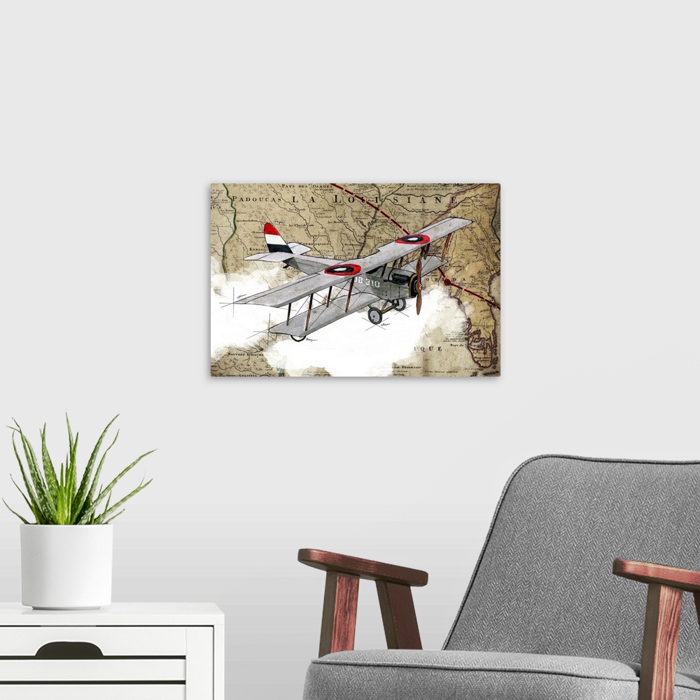 A modern room featuring Illustration of a gray biplane in flight with clouds and a map in the background.
