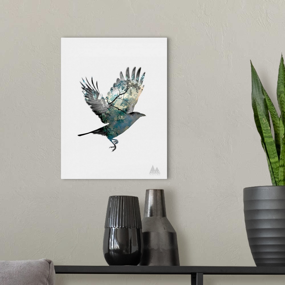 A modern room featuring Overlay of an image of a tree on the silhouette of a bird in flight.
