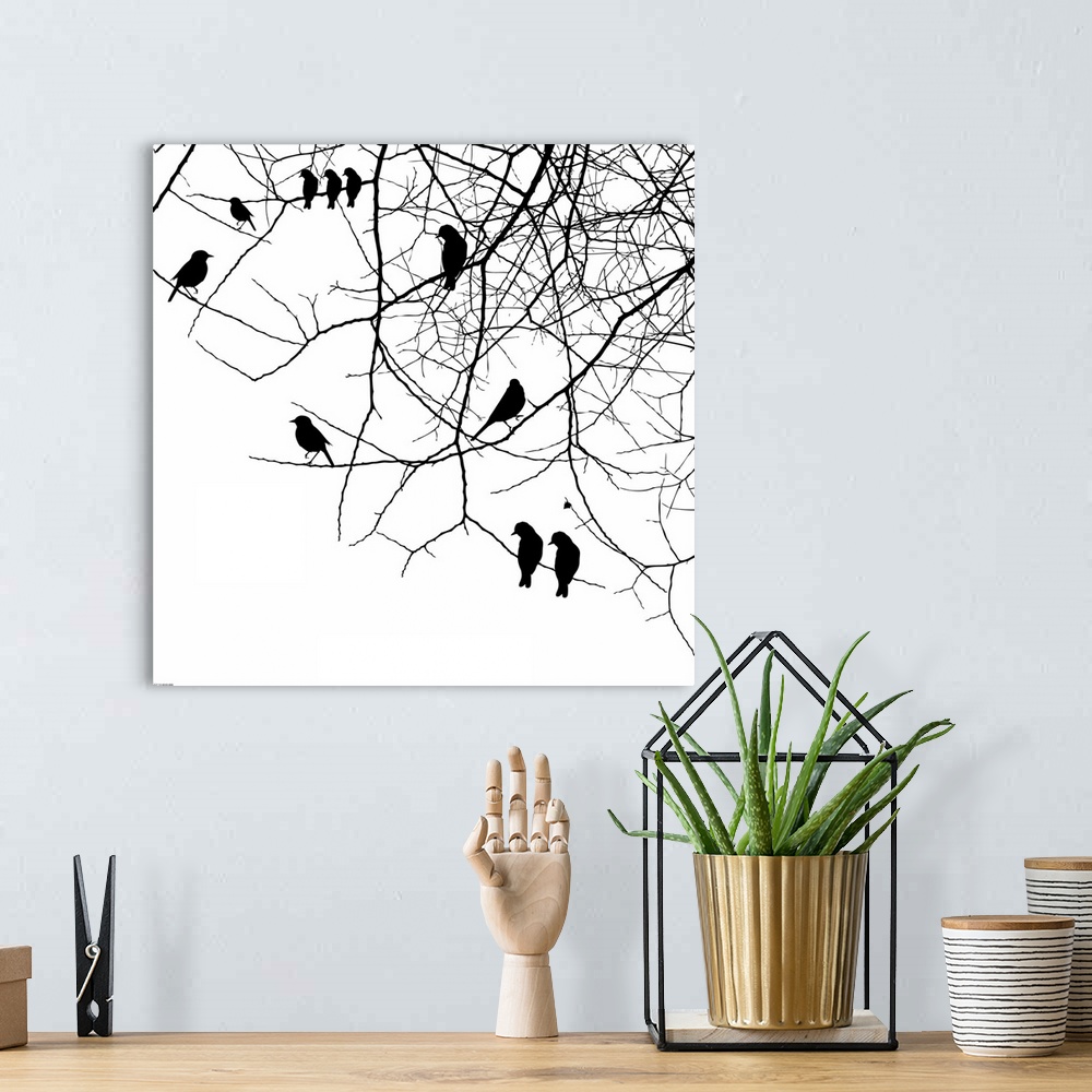 A bohemian room featuring A black and white illustration of a group of birds sitting on a tree branch.