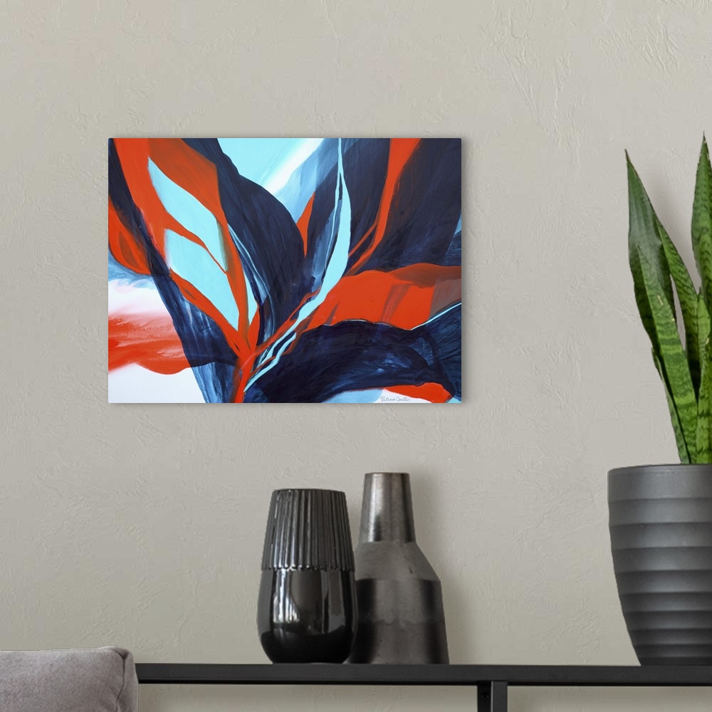 A modern room featuring Contemporary abstract painting using tones of blue and red to make sinuous and smooth strokes of ...