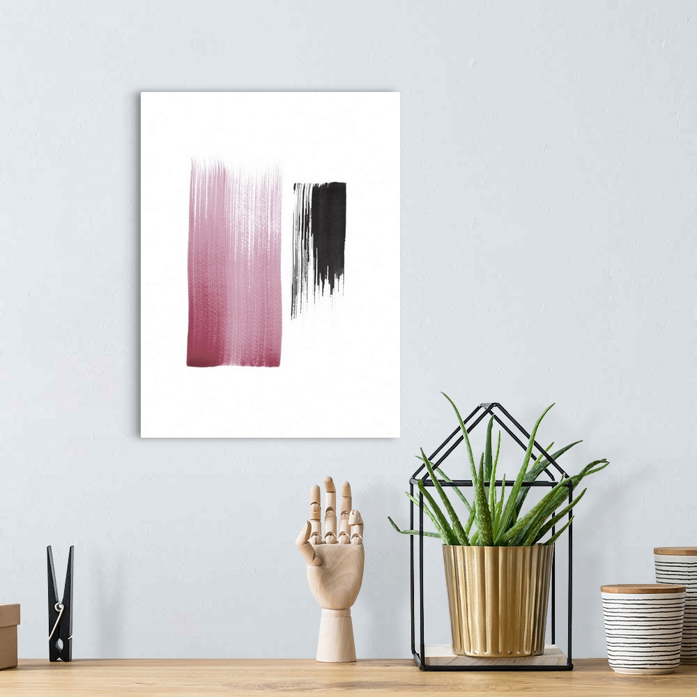 A bohemian room featuring A vertical abstract painting of large brush strokes of pink and black.