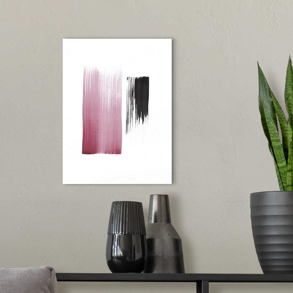 A modern room featuring A vertical abstract painting of large brush strokes of pink and black.