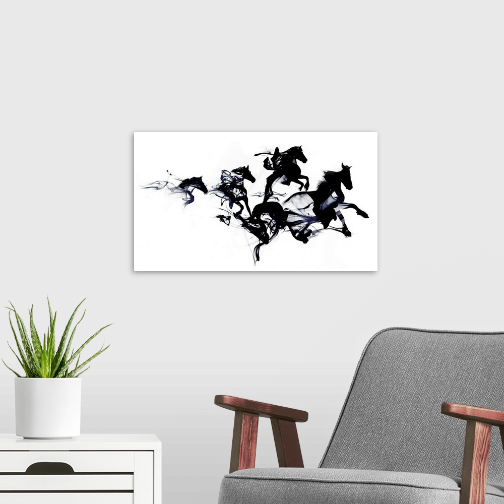 A modern room featuring Conceptual photo of horses appearing from smoke.