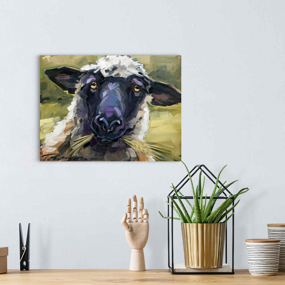 A bohemian room featuring Thick brush strokes create a humorous scene of a sheep's expression while eating.