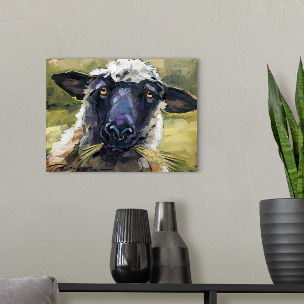 A modern room featuring Thick brush strokes create a humorous scene of a sheep's expression while eating.