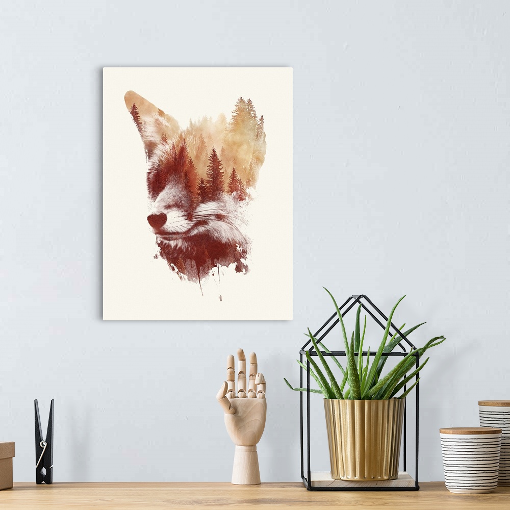 A bohemian room featuring Contemporary double exposure artwork of a fox and forest silhouette scene.