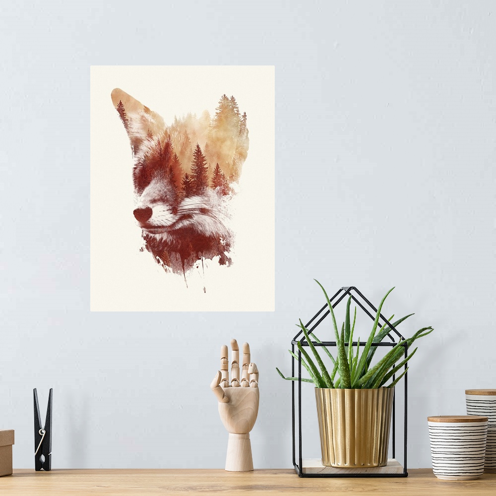 A bohemian room featuring Contemporary double exposure artwork of a fox and forest silhouette scene.