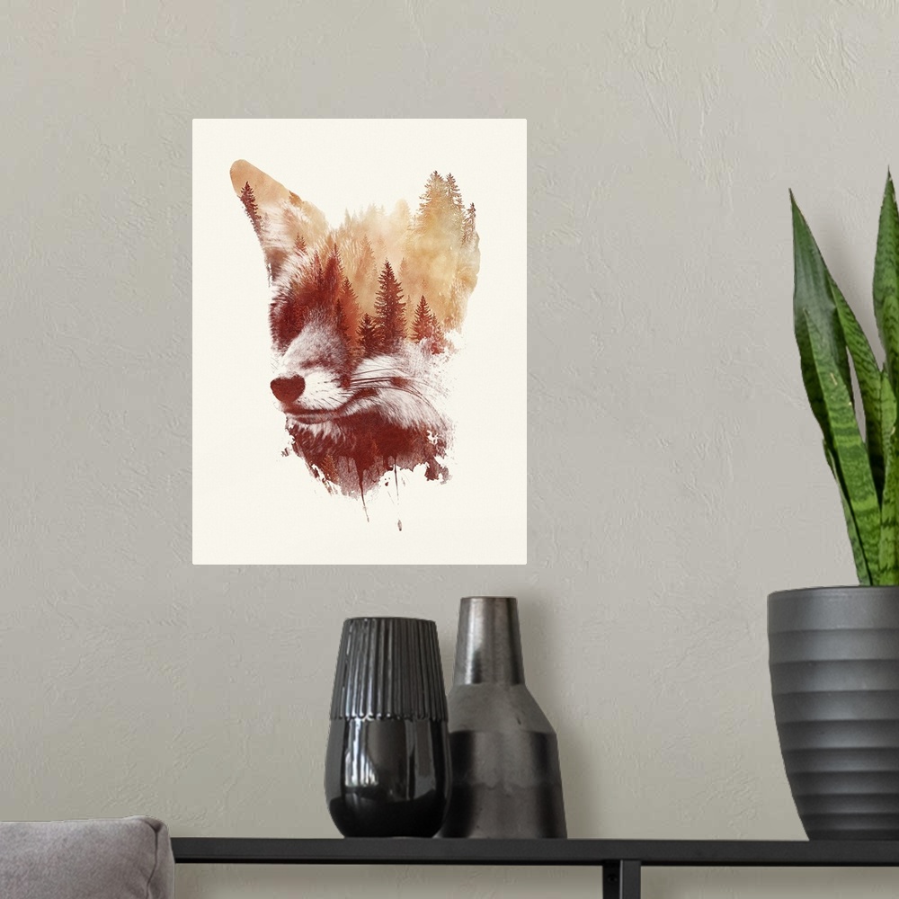 A modern room featuring Contemporary double exposure artwork of a fox and forest silhouette scene.