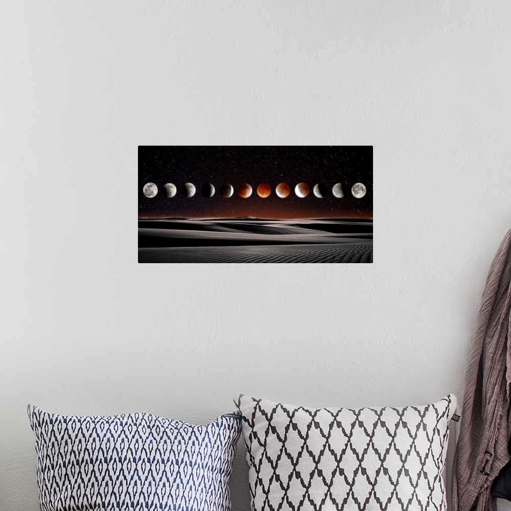 A bohemian room featuring A horizontal composite photograph of the Blood Moon Eclipse.