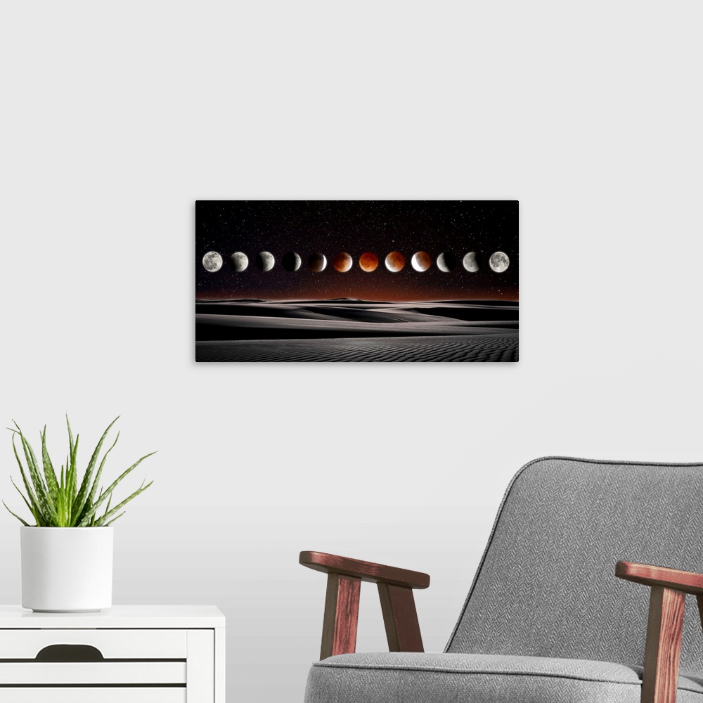 A modern room featuring A horizontal composite photograph of the Blood Moon Eclipse.