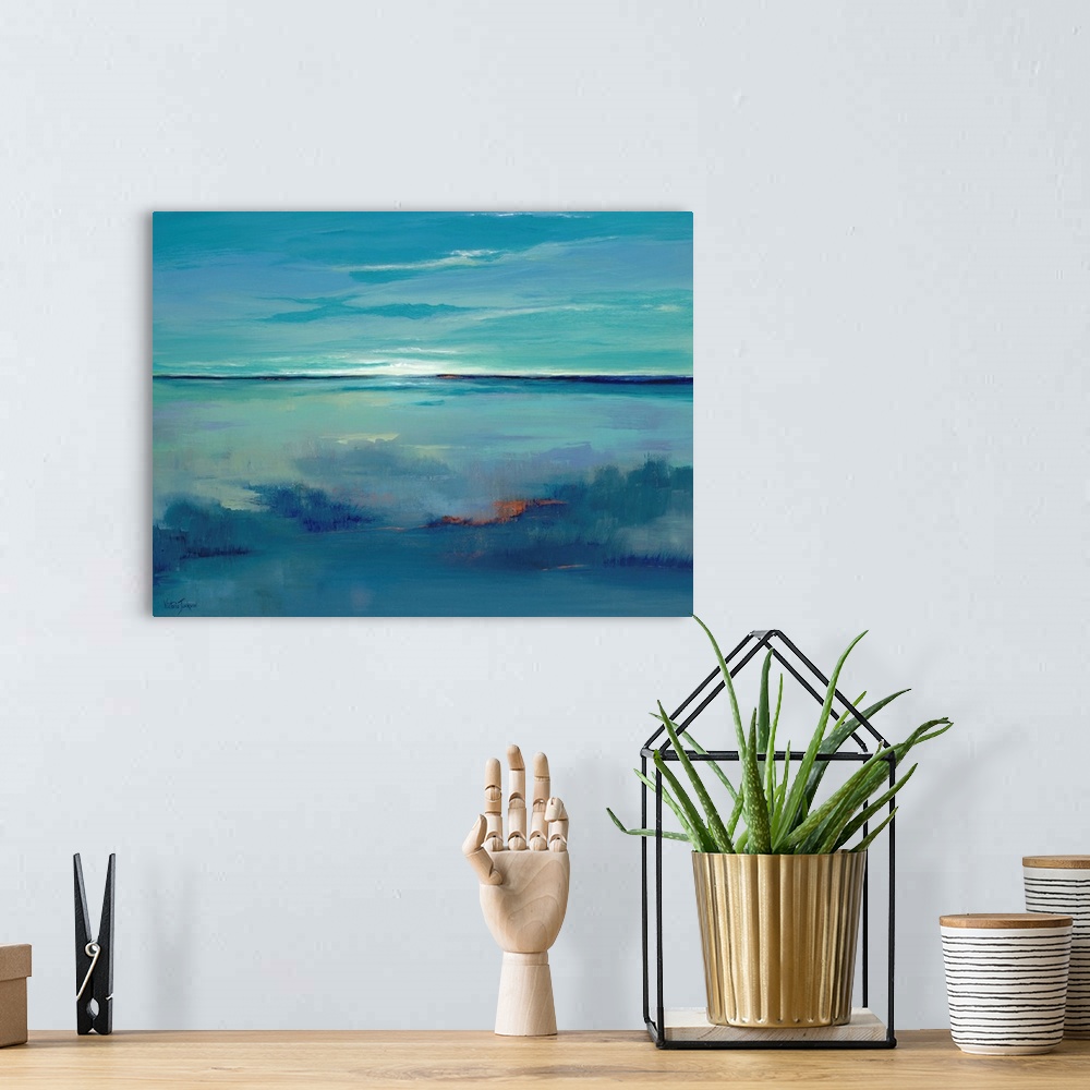 A bohemian room featuring Contemporary abstract painting using using predominant blue tones resembling an open sea and hori...
