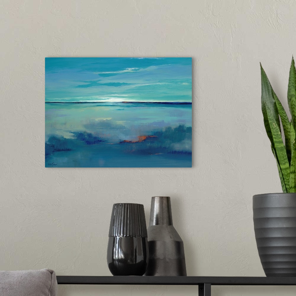 A modern room featuring Contemporary abstract painting using using predominant blue tones resembling an open sea and hori...