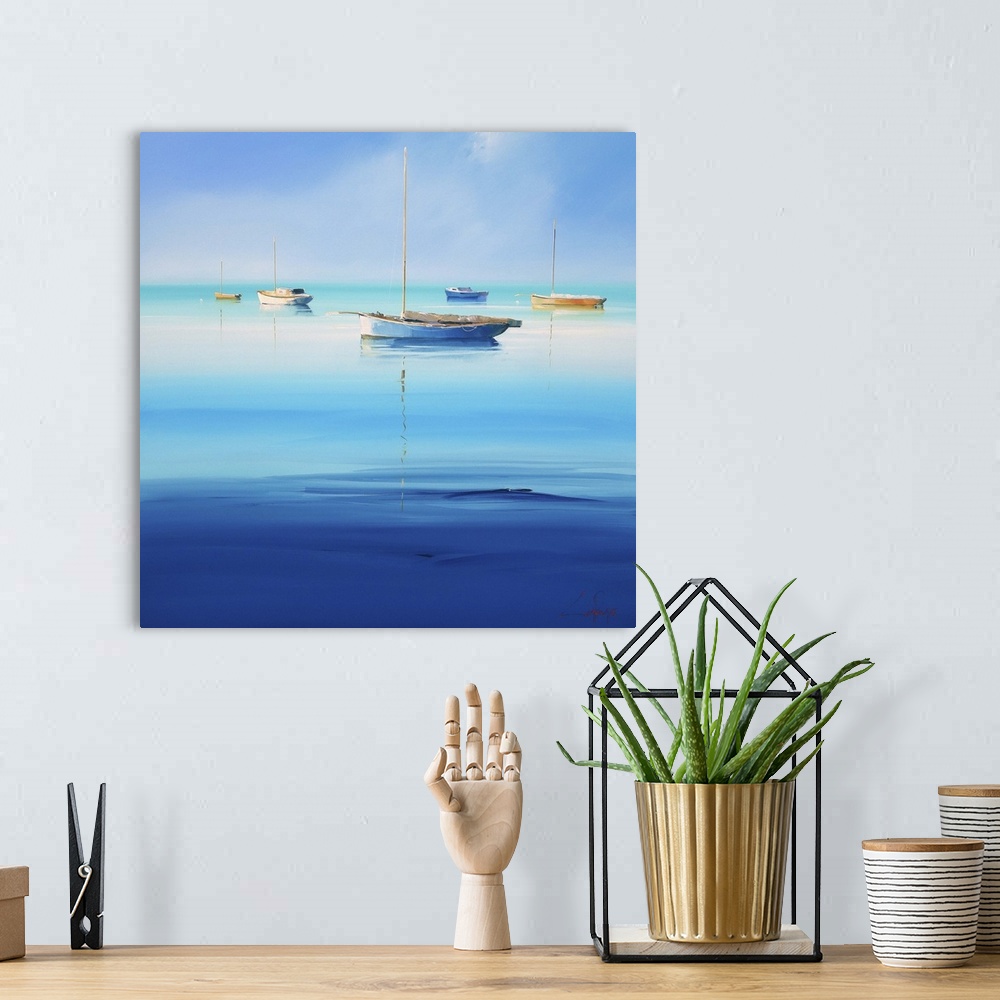 A bohemian room featuring Contemporary painting of sailboats on  calm turquoise water.