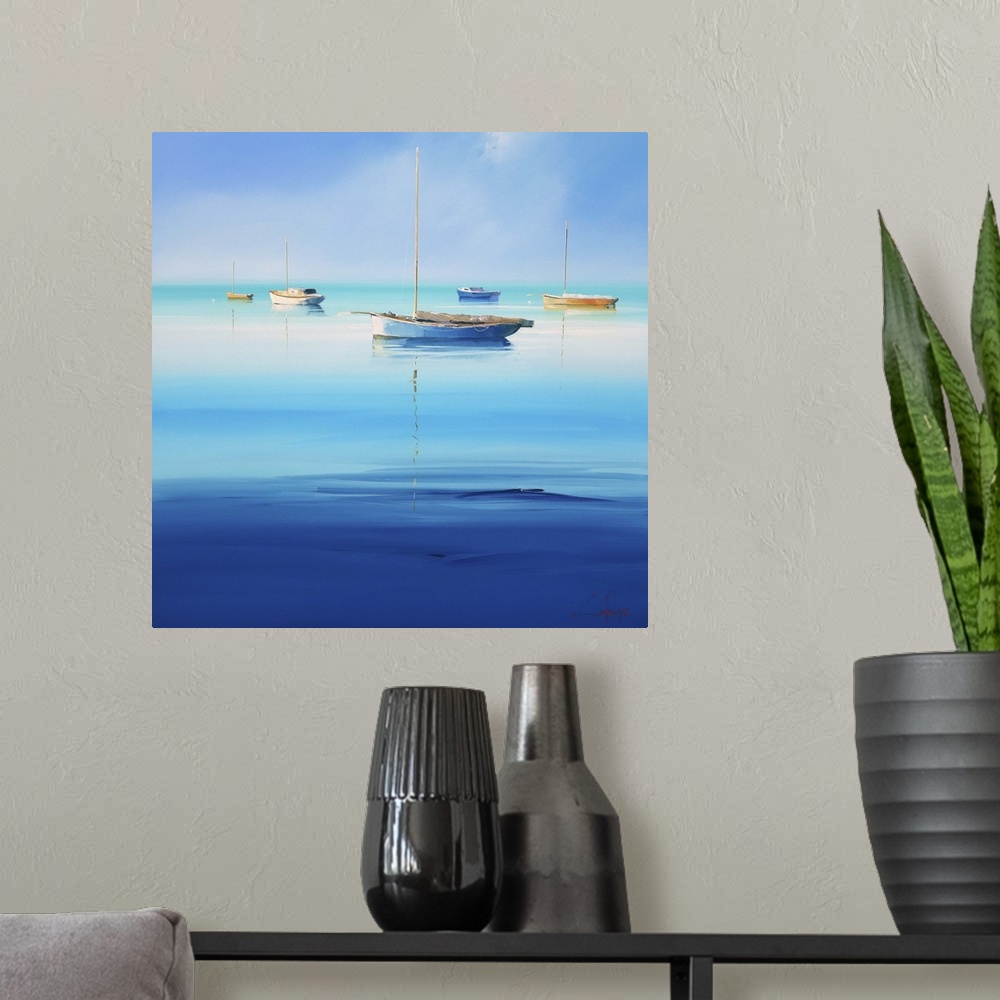 A modern room featuring Contemporary painting of sailboats on  calm turquoise water.