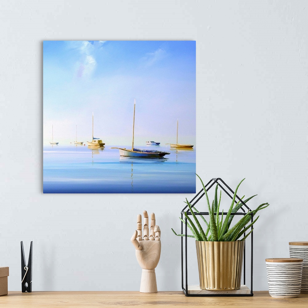A bohemian room featuring Contemporary painting of sailboats with their sails down floating on the water.