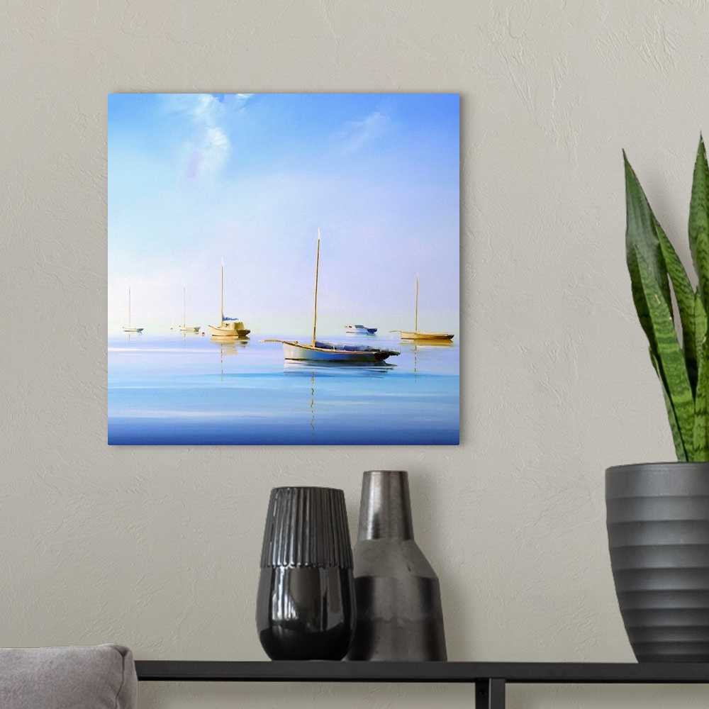 A modern room featuring Contemporary painting of sailboats with their sails down floating on the water.