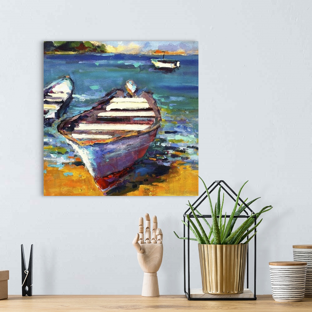 A bohemian room featuring A coastal themed painting of a row boat sitting on the shore of a tropical beach.