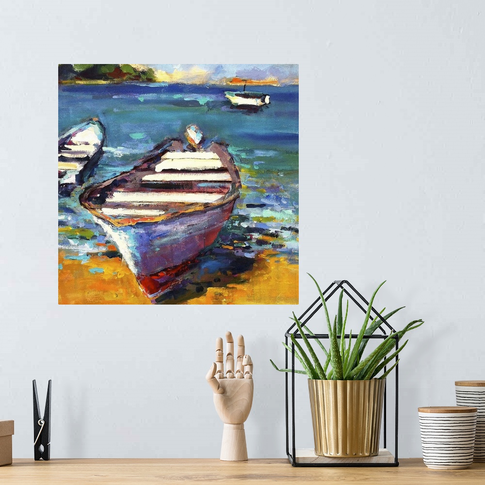 A bohemian room featuring A coastal themed painting of a row boat sitting on the shore of a tropical beach.