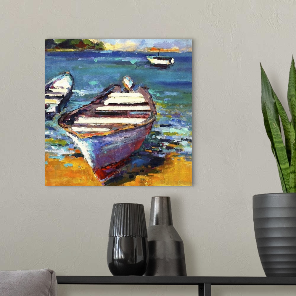 A modern room featuring A coastal themed painting of a row boat sitting on the shore of a tropical beach.
