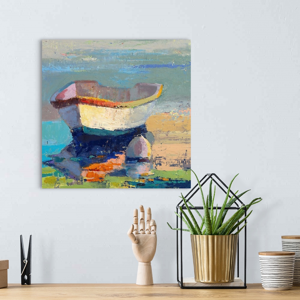 A bohemian room featuring A contemporary coastal themed painting of a row boat sitting in still water.