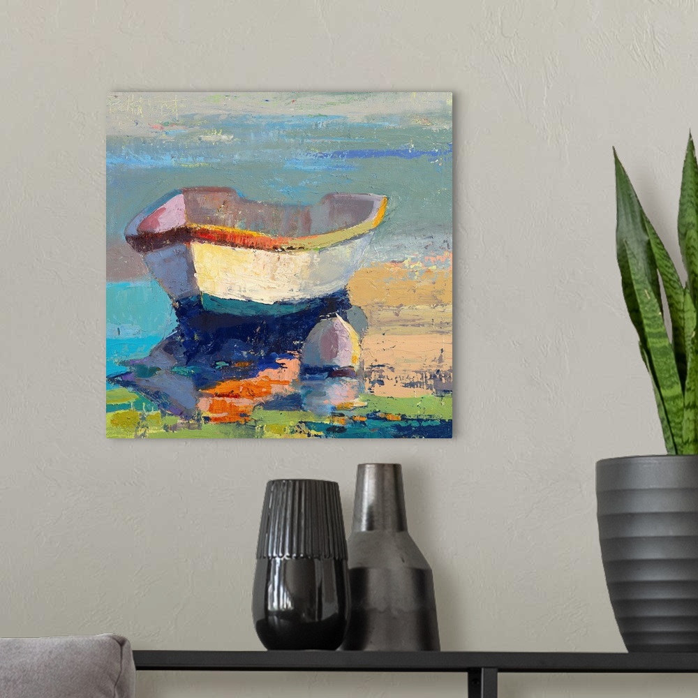 A modern room featuring A contemporary coastal themed painting of a row boat sitting in still water.
