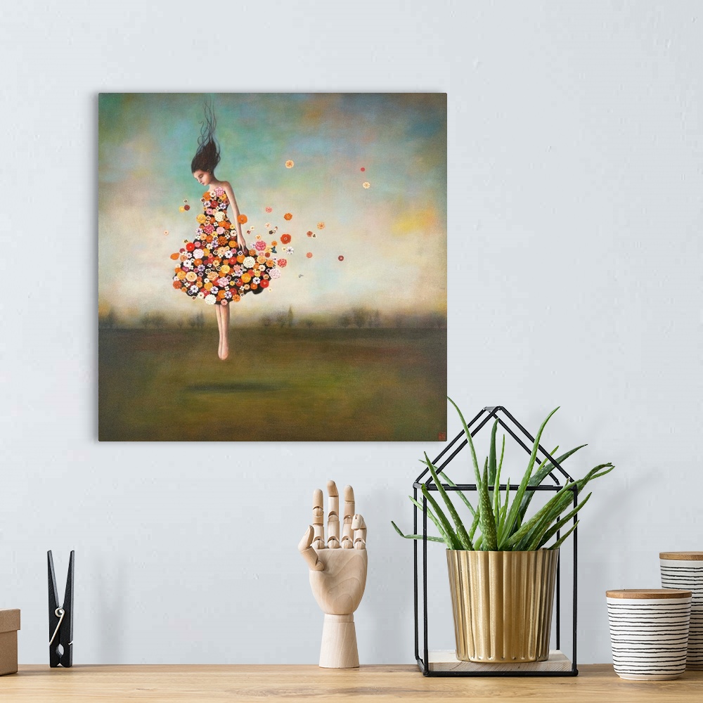 A bohemian room featuring Contemporary surreal artwork of a woman wearing a dress made of flowers floating in the air.