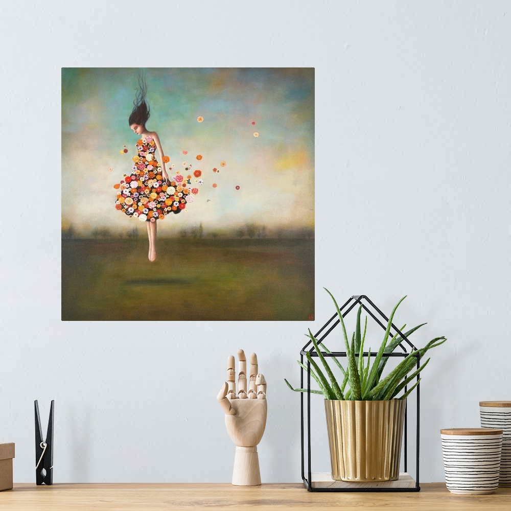 A bohemian room featuring Contemporary surreal artwork of a woman wearing a dress made of flowers floating in the air.