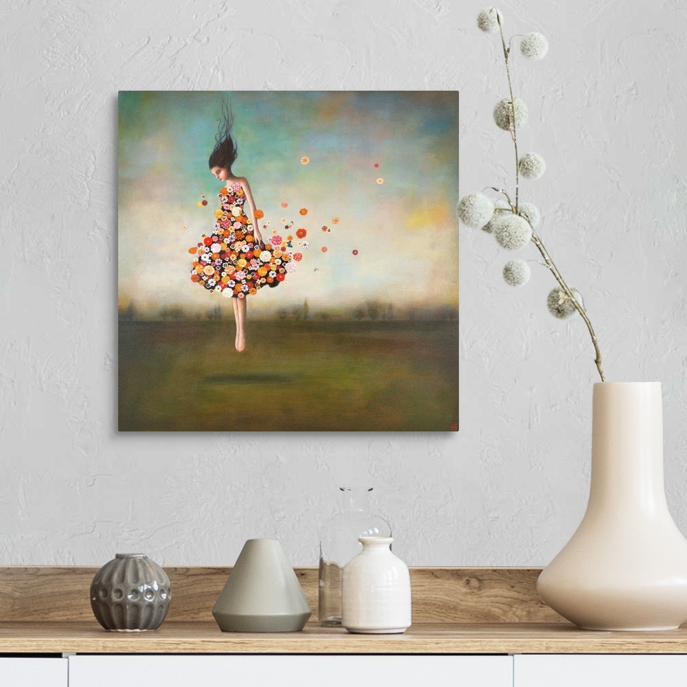 A farmhouse room featuring Contemporary surreal artwork of a woman wearing a dress made of flowers floating in the air.