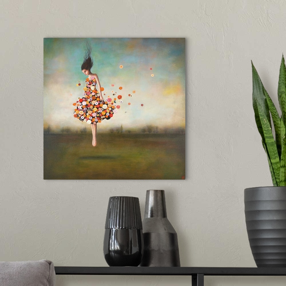 A modern room featuring Contemporary surreal artwork of a woman wearing a dress made of flowers floating in the air.