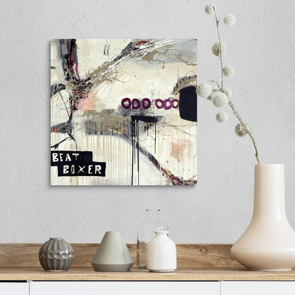 A farmhouse room featuring Square contemporary collage with text and dripped paint with circles.