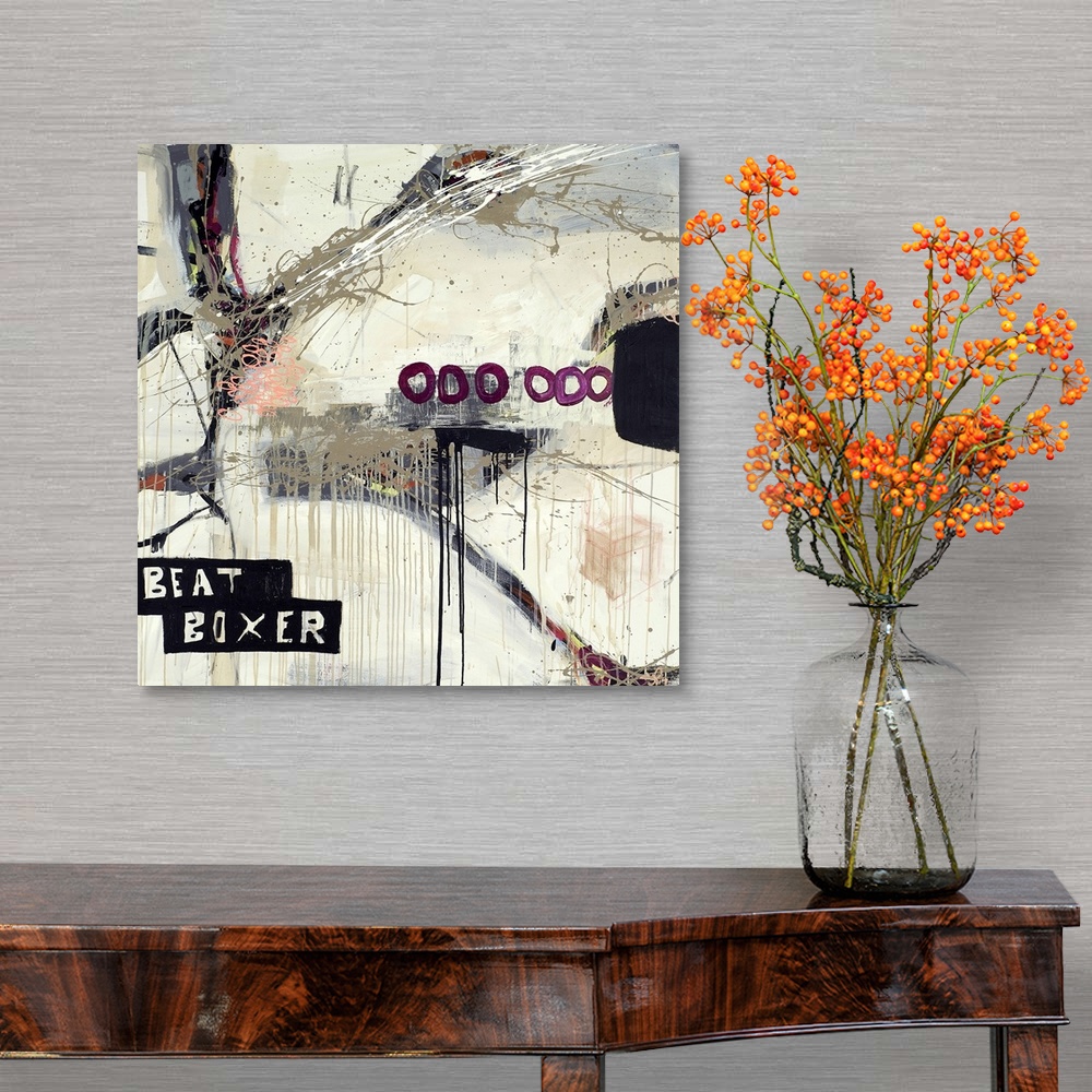 A traditional room featuring Square contemporary collage with text and dripped paint with circles.