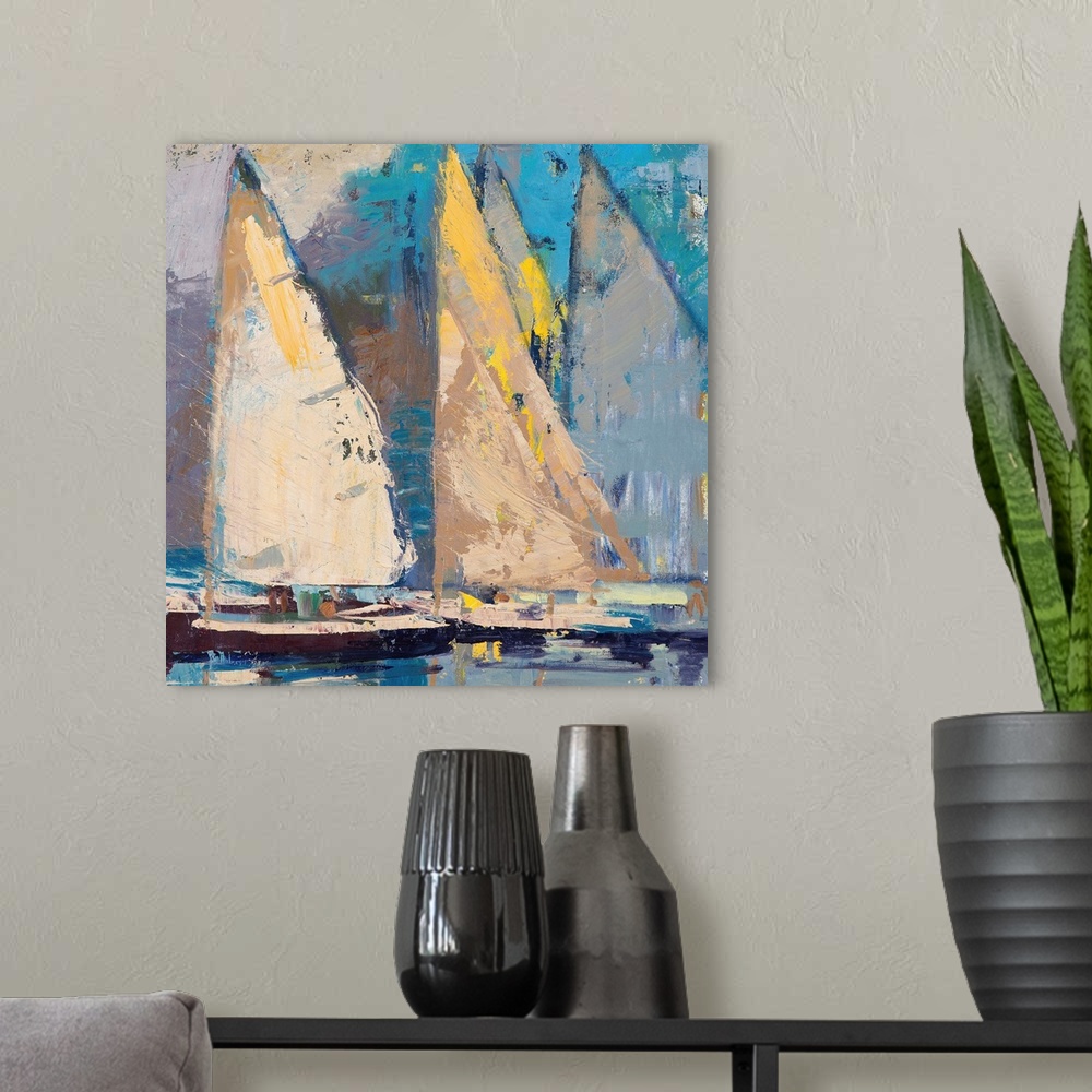 A modern room featuring A contemporary coastal themed painting of sailboats in a harbor.