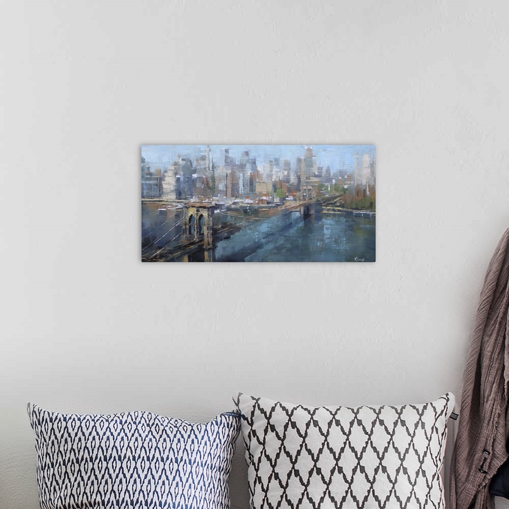 A bohemian room featuring Painting of the New York City skyline with the Brooklyn Bridge in the foreground.