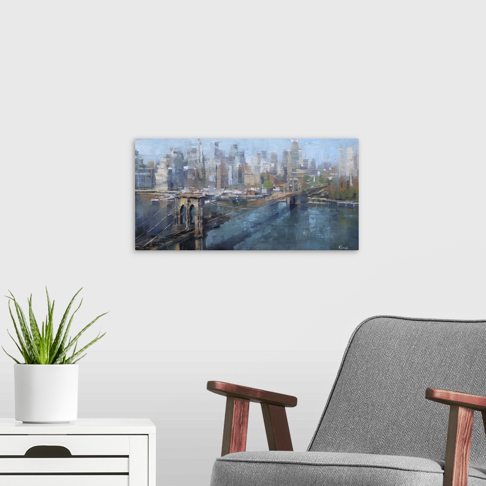A modern room featuring Painting of the New York City skyline with the Brooklyn Bridge in the foreground.