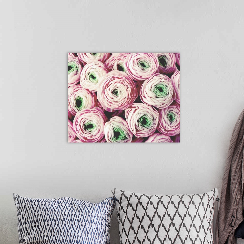 A bohemian room featuring Photograph of a pale pink bouquet of flowers with green centers.