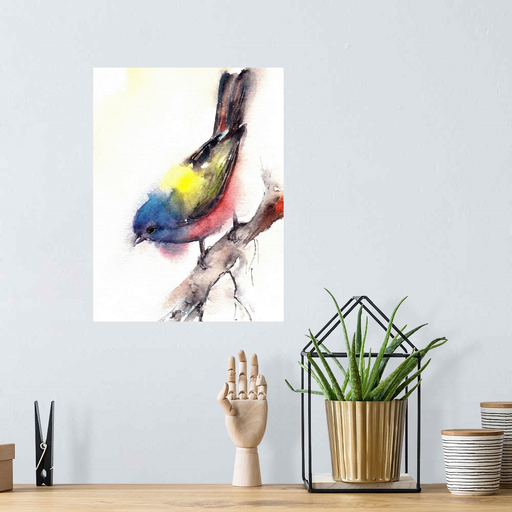 A bohemian room featuring A contemporary watercolor painting of a garden bird on branch against a white background.