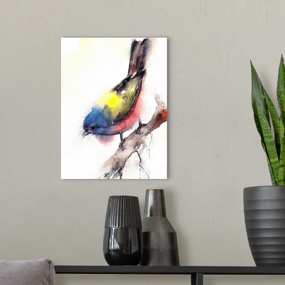 A modern room featuring A contemporary watercolor painting of a garden bird on branch against a white background.