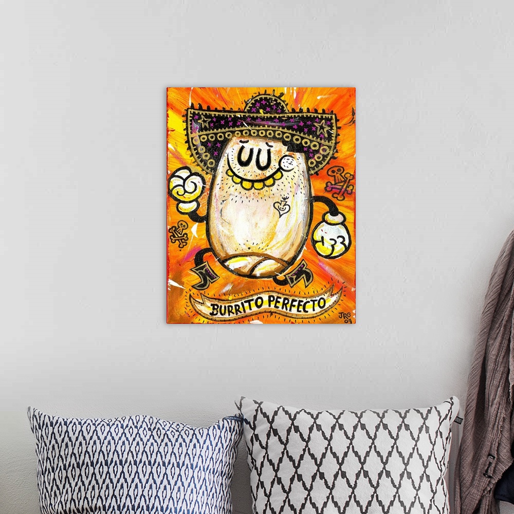 A bohemian room featuring Latin art of a happy burrito wearing a decorated sombrero.