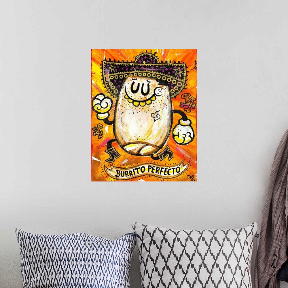 A bohemian room featuring Latin art of a happy burrito wearing a decorated sombrero.