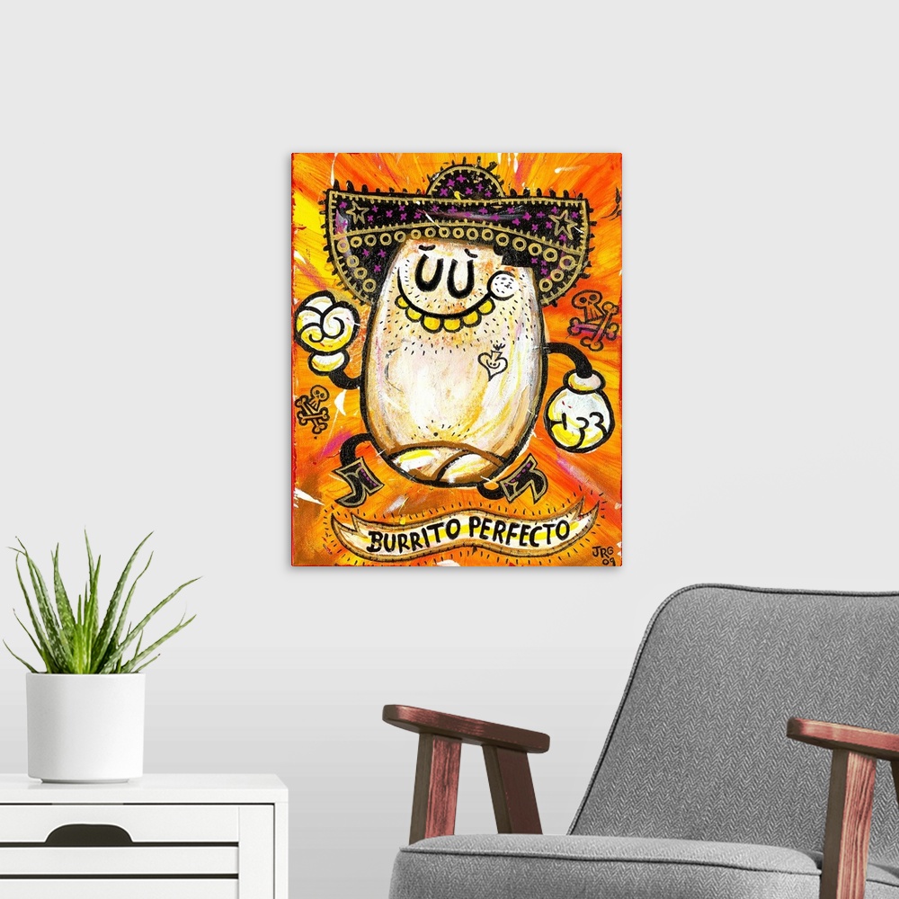 A modern room featuring Latin art of a happy burrito wearing a decorated sombrero.