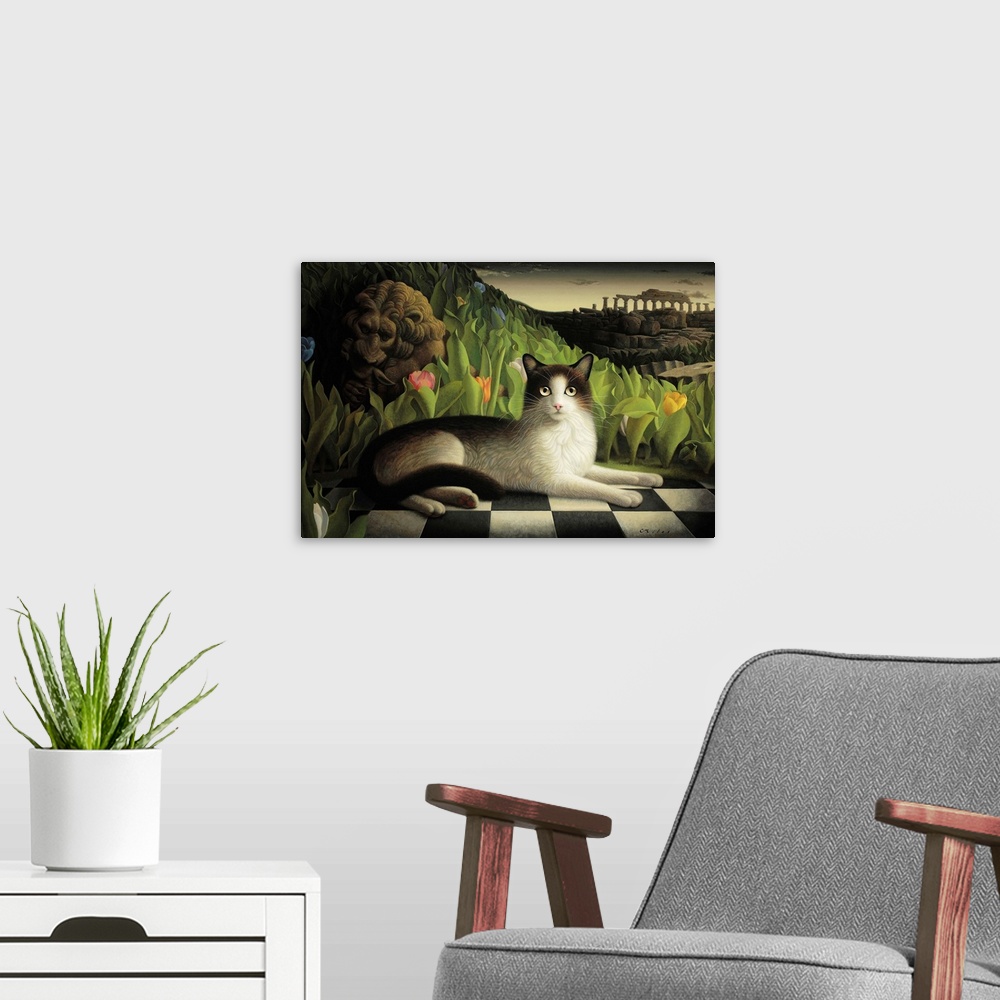 A modern room featuring Surrealist painting of a cat lying on a tiled floor with a landscape and decrepit columned struct...