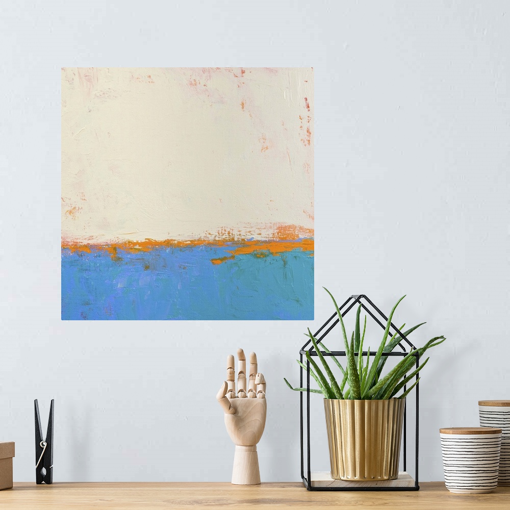 A bohemian room featuring Contemporary abstract colorfield painting using blue orange and cream in a distressed style.