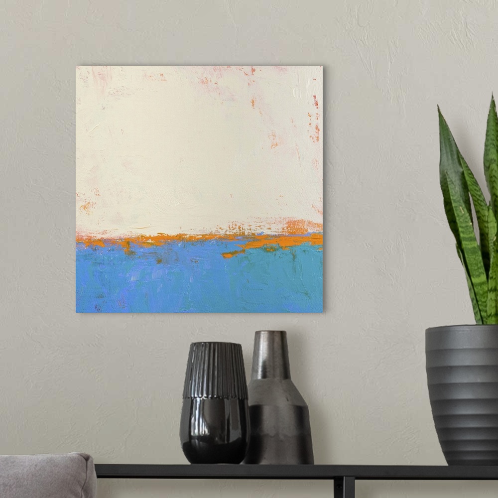 A modern room featuring Contemporary abstract colorfield painting using blue orange and cream in a distressed style.