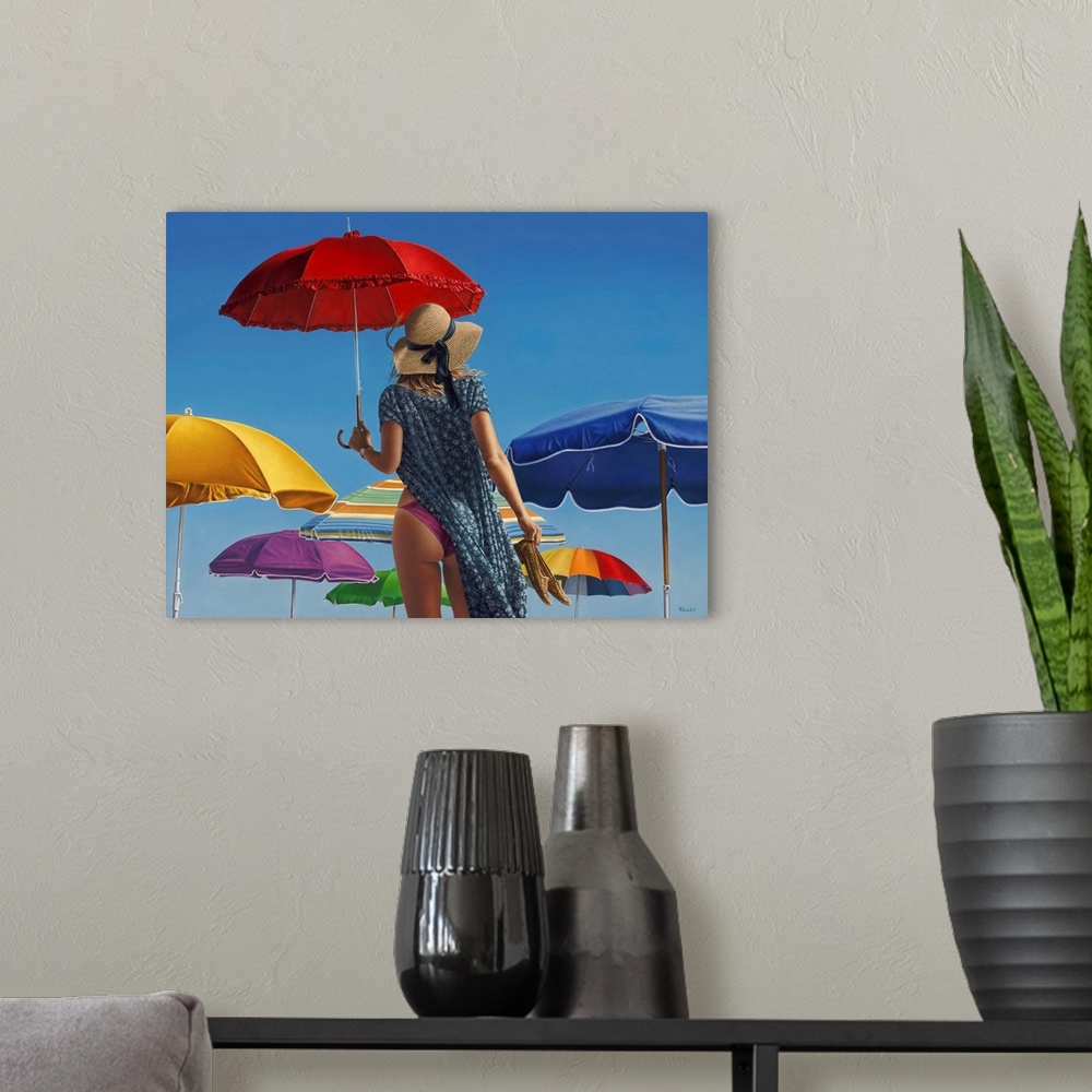 A modern room featuring A contemporary painting of a woman standing with beach canopies and holding a red umbrella.