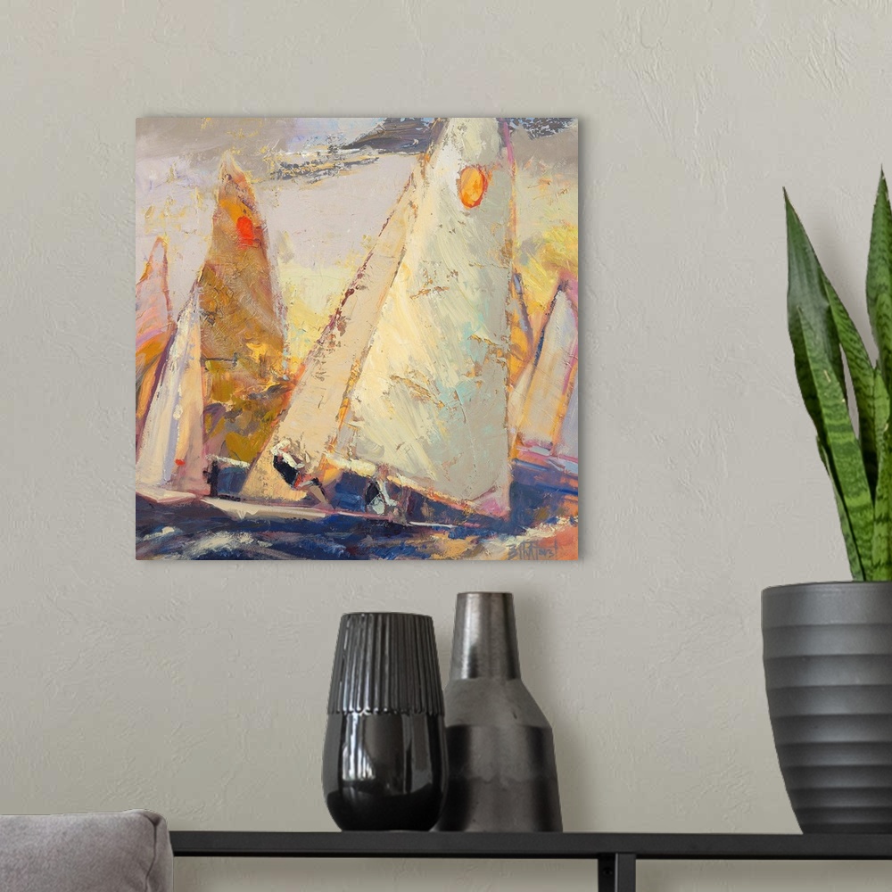 A modern room featuring A contemporary coastal themed painting of sailboats sailing the open sea.