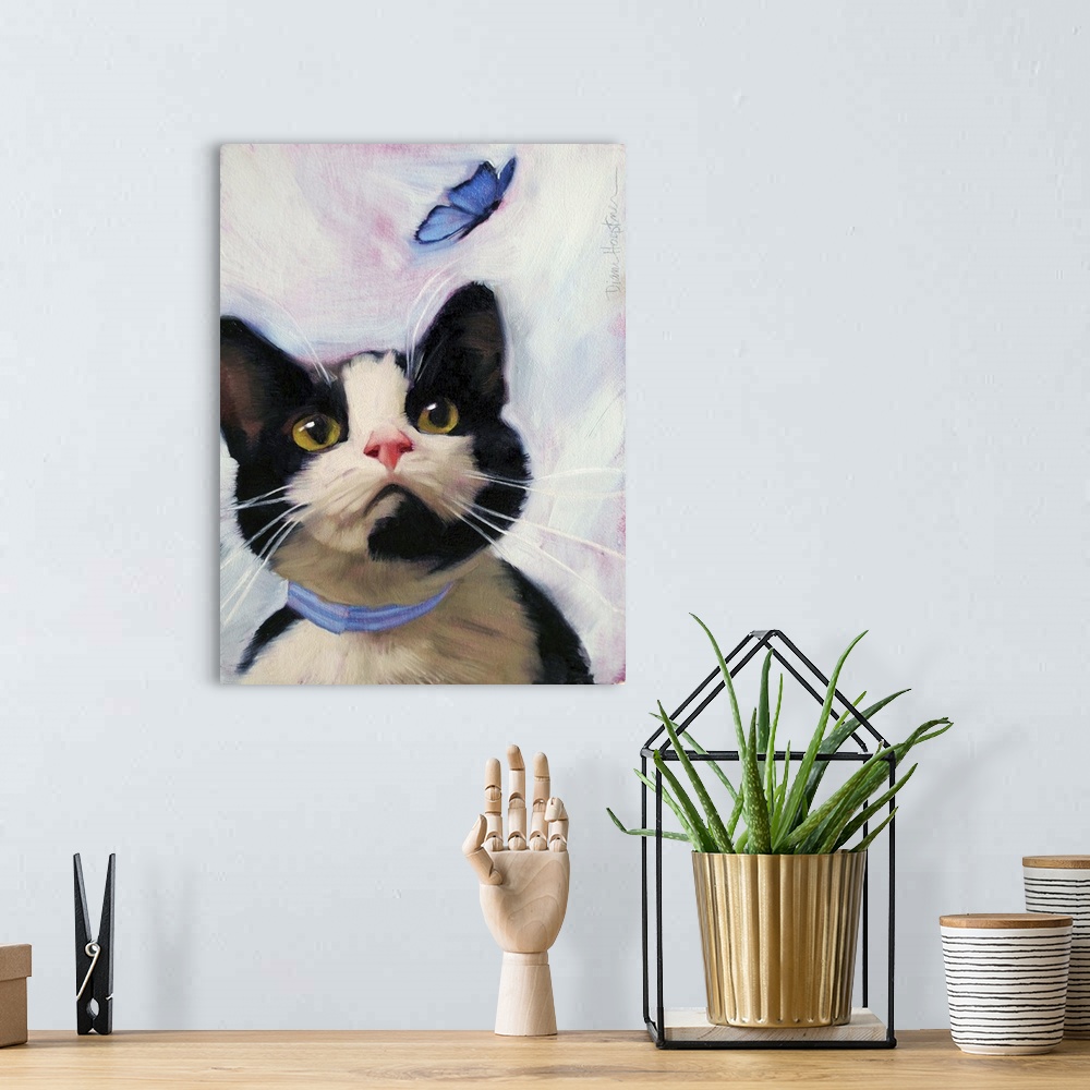 A bohemian room featuring Contemporary portrait of a black and white cat looking at a blue butterfly.
