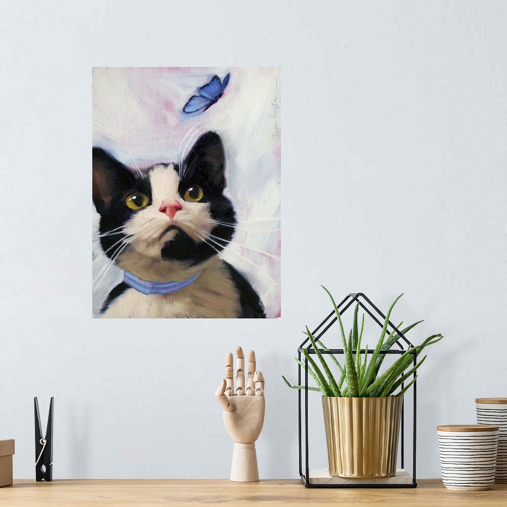 A bohemian room featuring Contemporary portrait of a black and white cat looking at a blue butterfly.