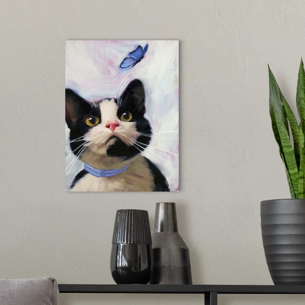 A modern room featuring Contemporary portrait of a black and white cat looking at a blue butterfly.