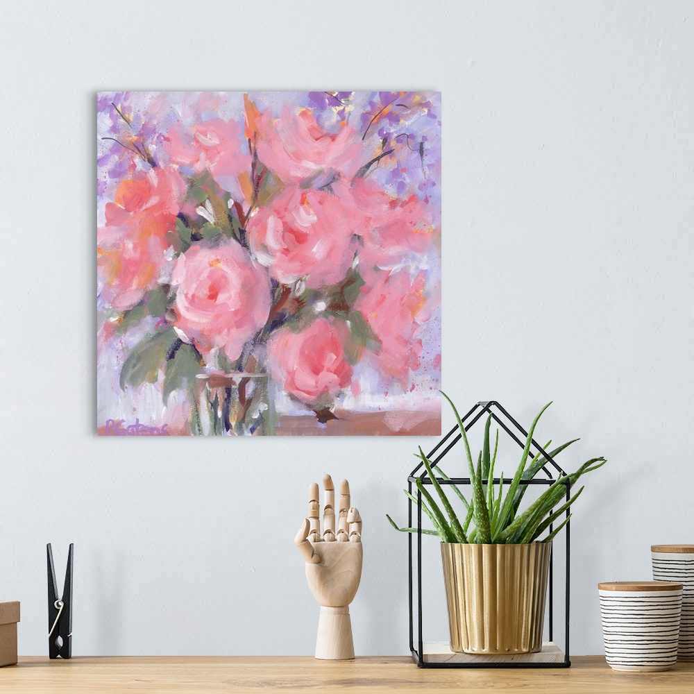 A bohemian room featuring A square contemporary painting of a vase of flowers in pastel colors of pink and purple.
